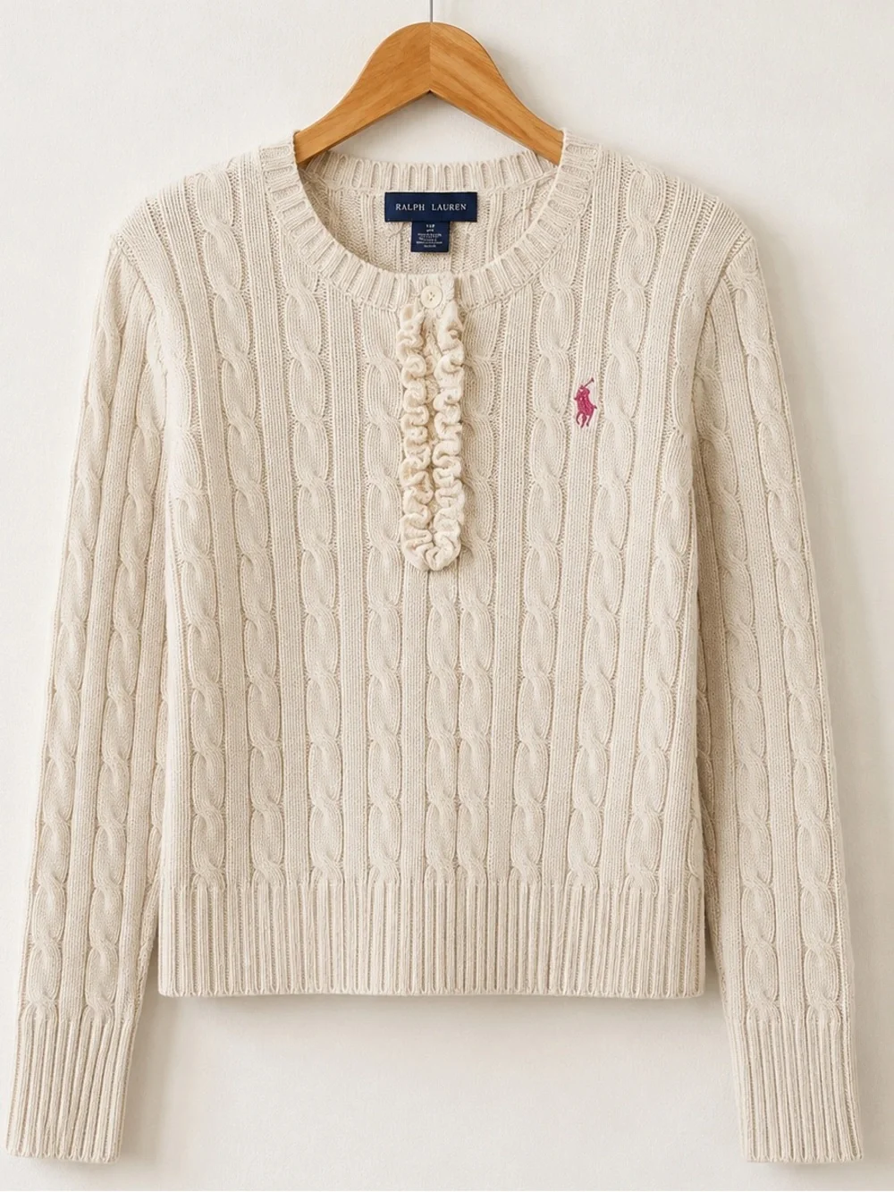 Ralph Lauren Girls Cable Knit Sweater Size M (10) Ivory Cotton Ruffle Henley Pin
